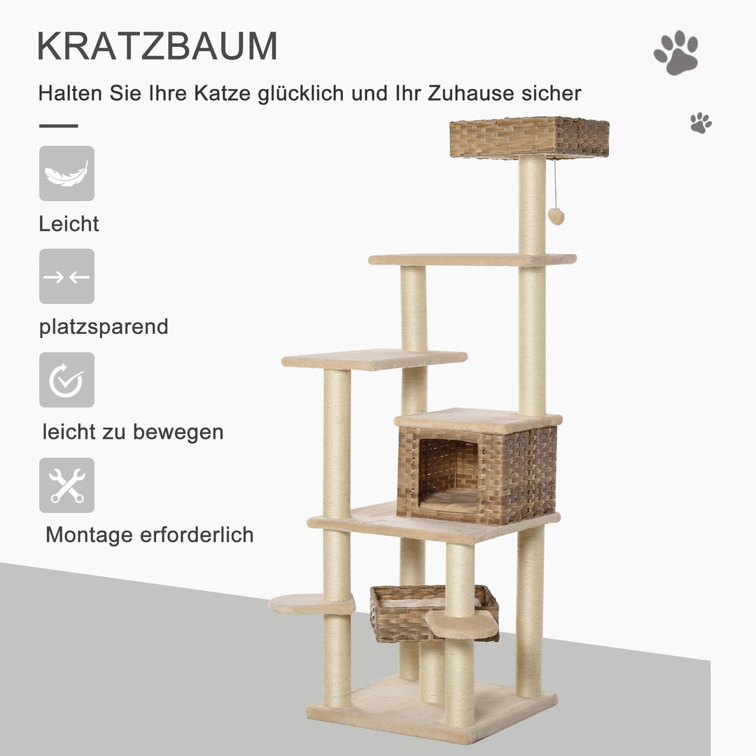 Rattan kradsetræ med kattehule kradsetræ i flere niveauer, klatretræ til katte, e1 mdf sisal, beige+brun, 55 x 55 x 174 cm