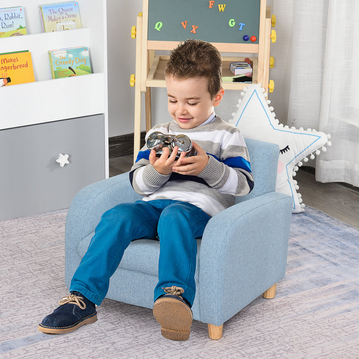 Børnelænestol/sofa med linnedlook, ben i massivt træ, skumpude, børnestol til børneværelse/legerum, 49 x 45 x 44 cm, til børn 3-5 år, blå