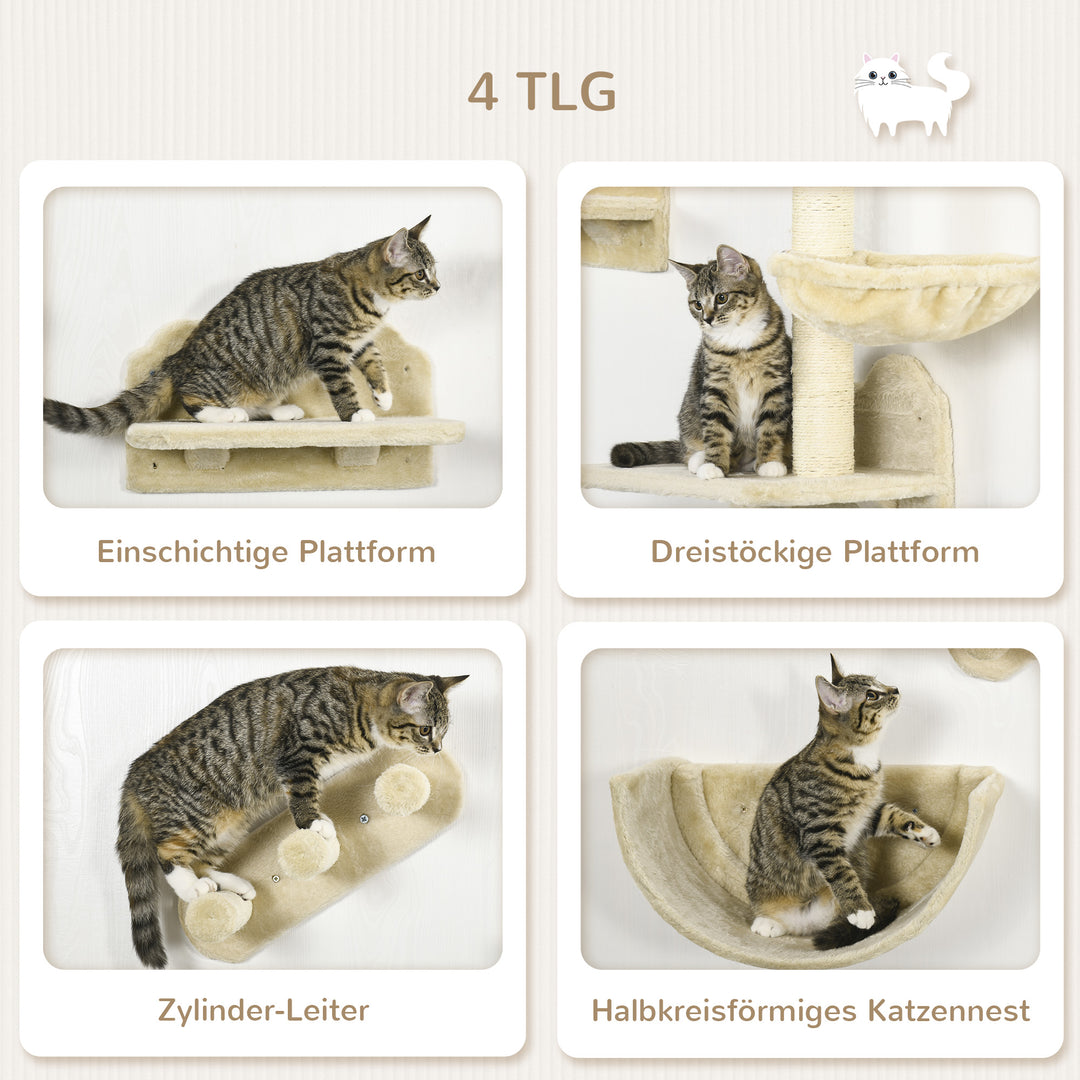 4-Delt klatrevægssæt til katte med kattetrappe, hængekøje, platform og kradsetræ, beige