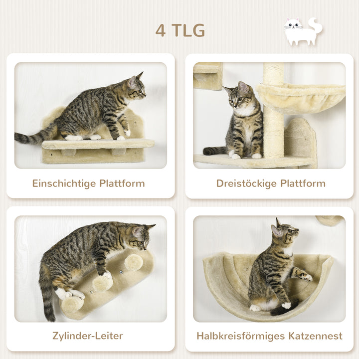 4-Delt klatrevægssæt til katte med kattetrappe, hængekøje, platform og kradsetræ, beige