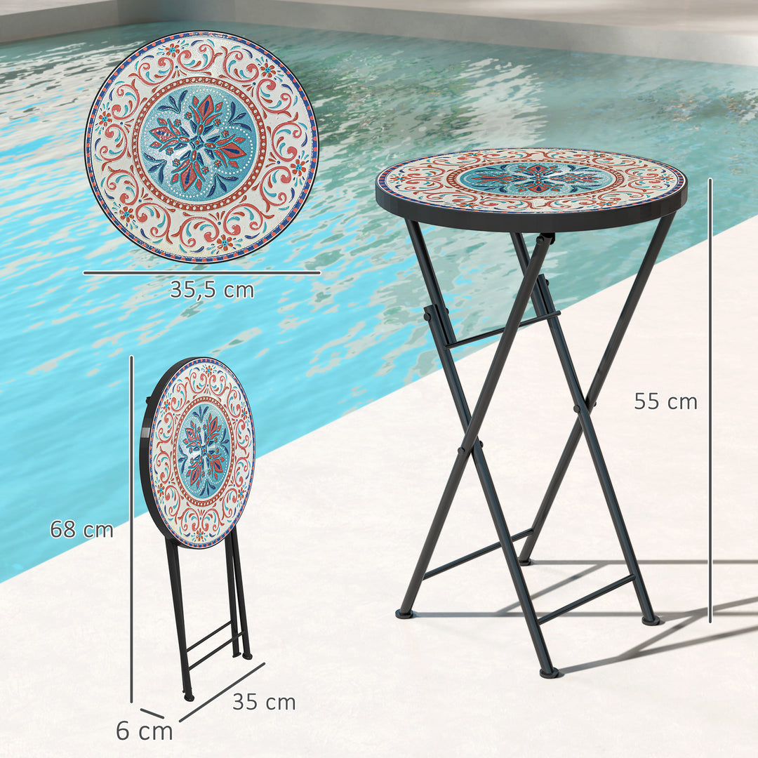 Mosaik havebord, foldbart rundt terrassebord med metalramme og keramisk bordplade, mosaikmønster, flerfarvet