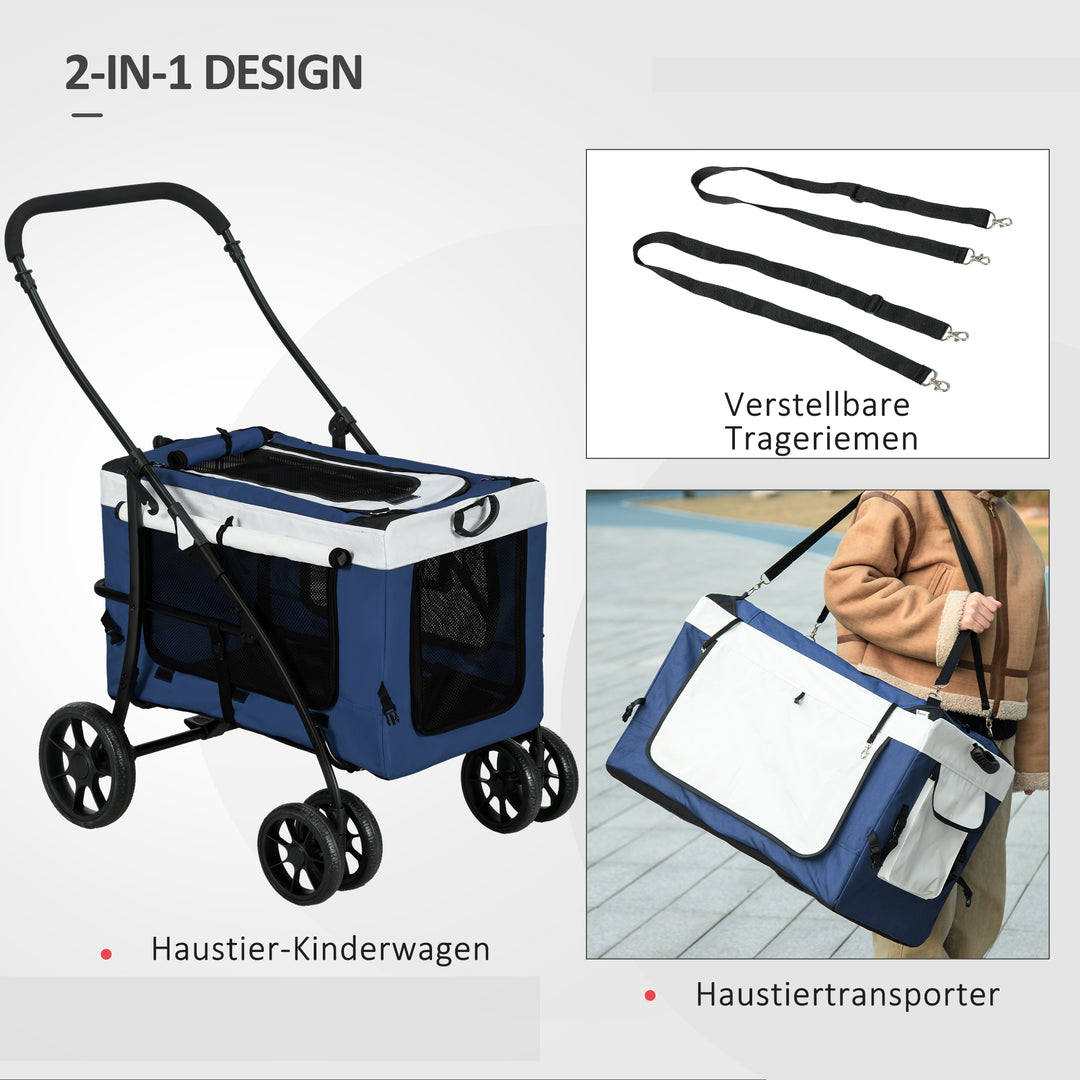 Hundevogn, kæledyrsvogn, kæledyrstransportør op til 10 kg, foldbar, justerbare bærestropper, aftagelig kurv, 81 x 58 x 97,5 cm, sort + blå + hvid