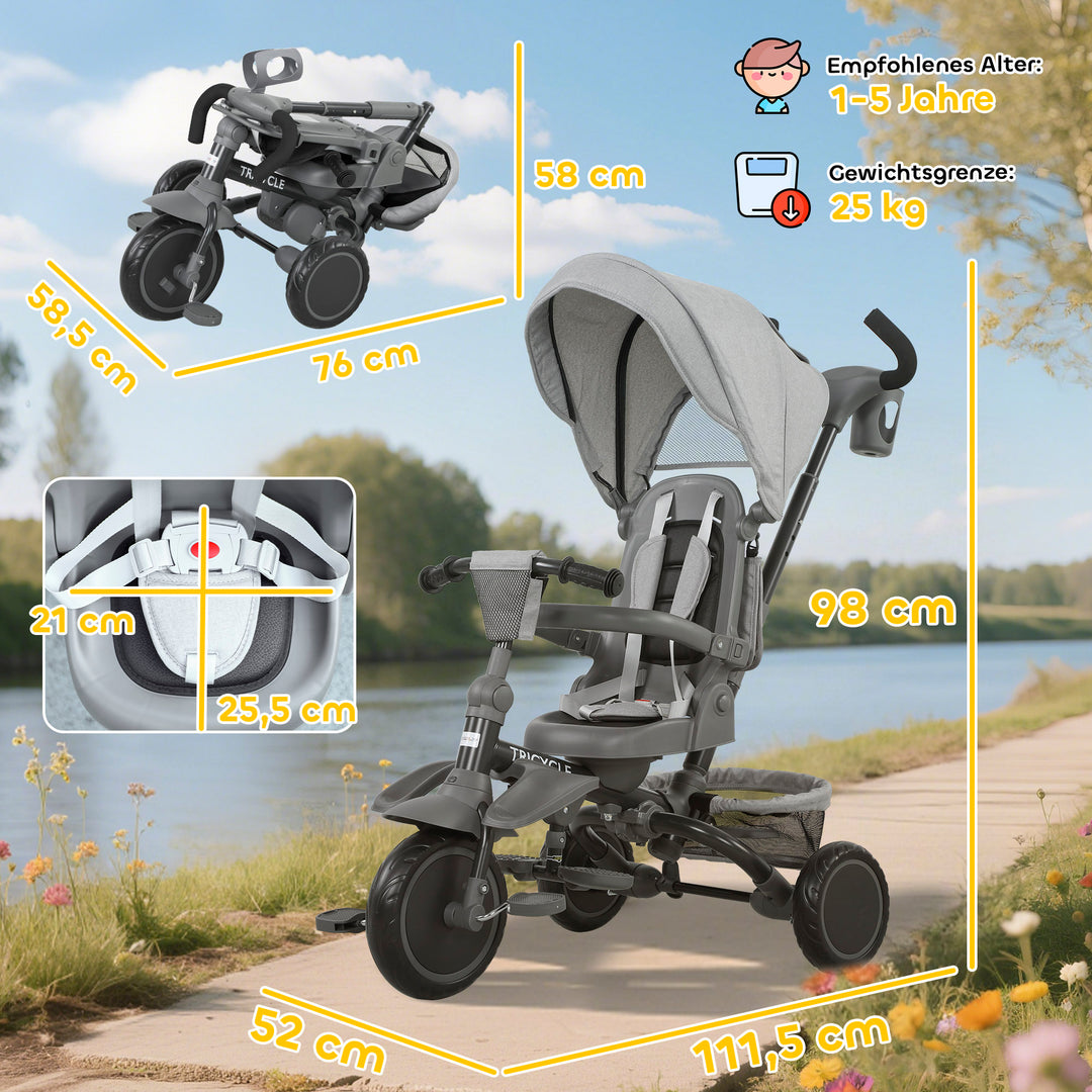 Børnetrecykel, 6-i-1 klapvogn til småbørn, med skubbehåndtag, justerbart sæde, foldbart design, sikkerhedsnet, grå
