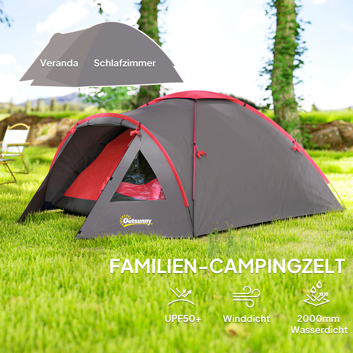 Campingtelt til 3 personer, let, stabilt, vandtæt, uv 50+ med baldakin, dør, vindue og teltbund, grå