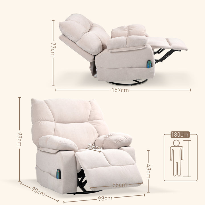 Massagestol med varme- og lænefunktion, drejelig, op til 150 kg, metalstel, 98 x 90 x 98 cm, beige