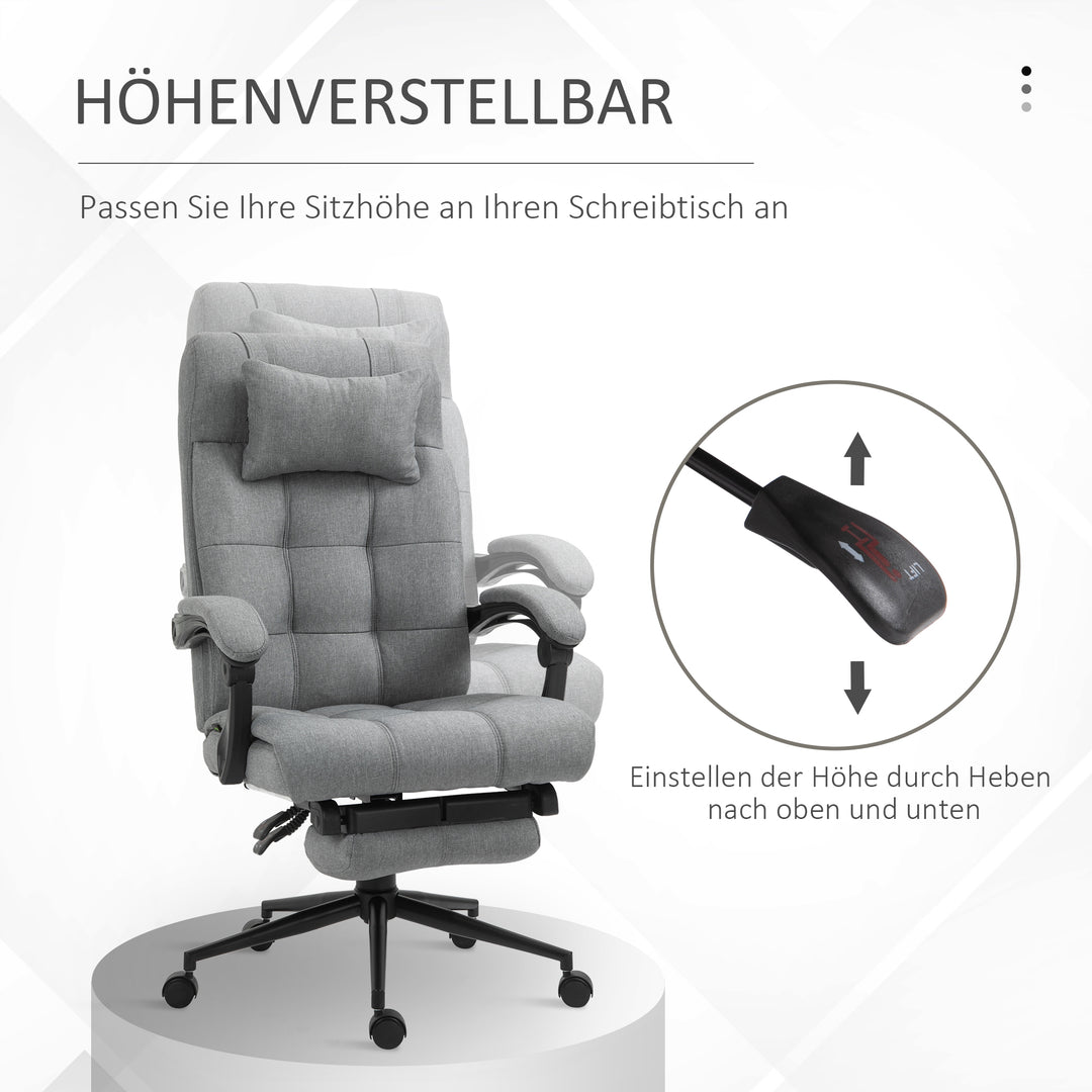 Kontorstol med nakkestøtte, armlæn, kontorstol med vippevinkel, højdejusterbar drejestol med fodstøtte, hør, skum, pvc, lysegrå, 66 x 76 x 112-120 cm