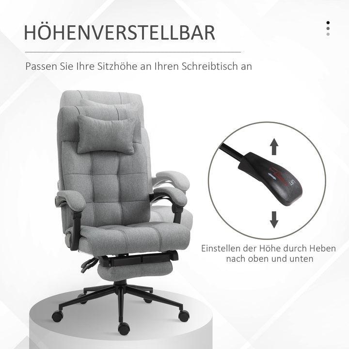Kontorstol med nakkestøtte, armlæn, kontorstol med vippevinkel, højdejusterbar drejestol med fodstøtte, hør, skum, pvc, lysegrå, 66 x 76 x 112-120 cm