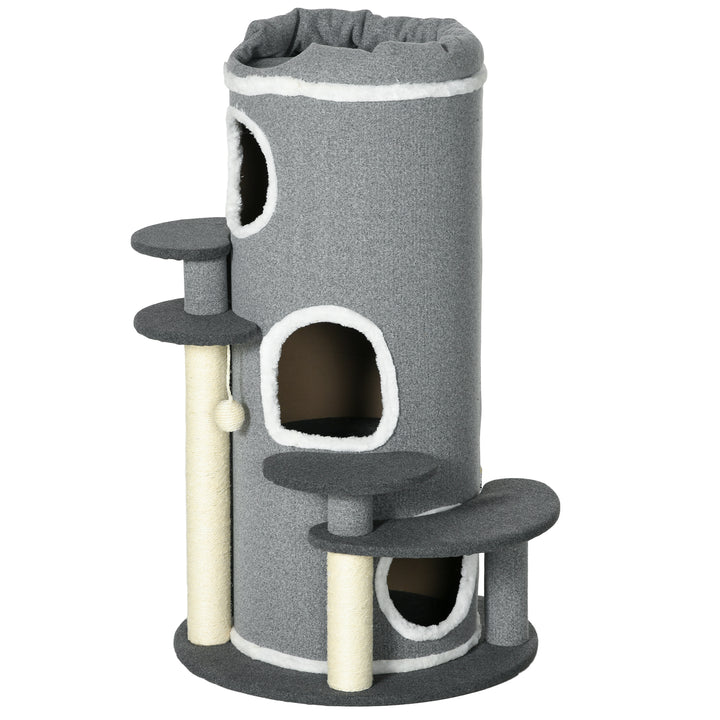 Kradsetræ til katte, 2 kattehuler, 4 hvileområder, 4 kradsetræer, 57 cm x 57 cm x 99 cm, grå + hvid