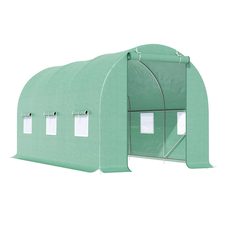 Drivhus 445x190x200cm plastikdrivhus tomathusdør med myggenet, vindue, galvaniseret stålfilmtunnel, staldplantetunnel, drivhus inklusive jordankerreb, grøn