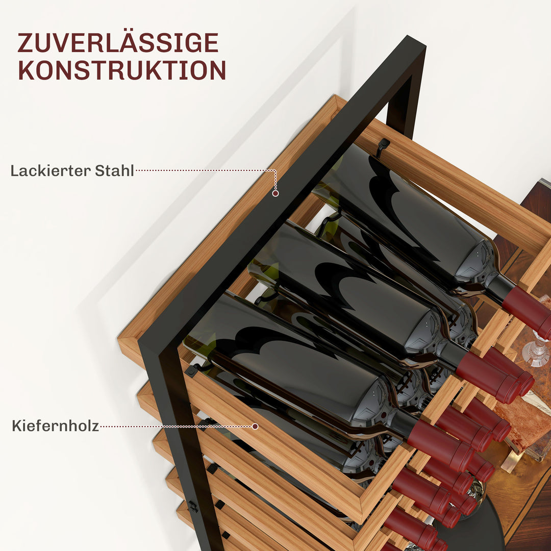 Vægmonteret vinreol, 5 etager, flaskeholder, glasholder, fyrretræ, stål, hjemmebar, køkken, stue, brun