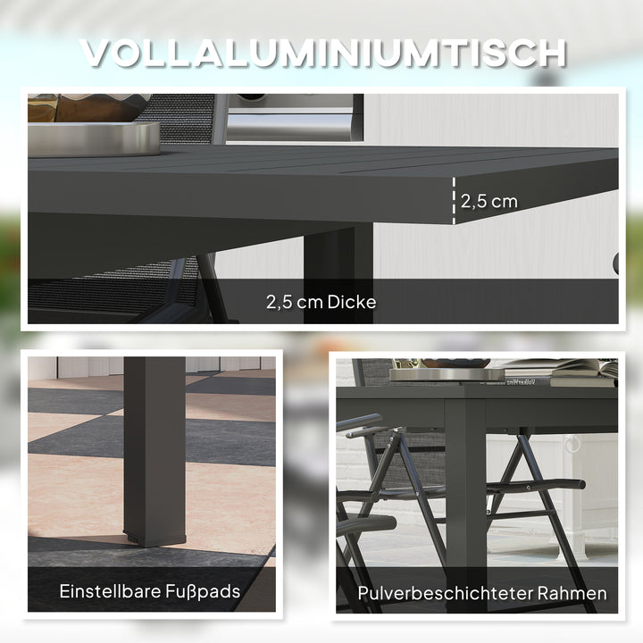 Udvidet havebord 160/220x90cm, aluminium spisebord til 6-8 personer, vejrbestandigt, lameldesign til haven, grå