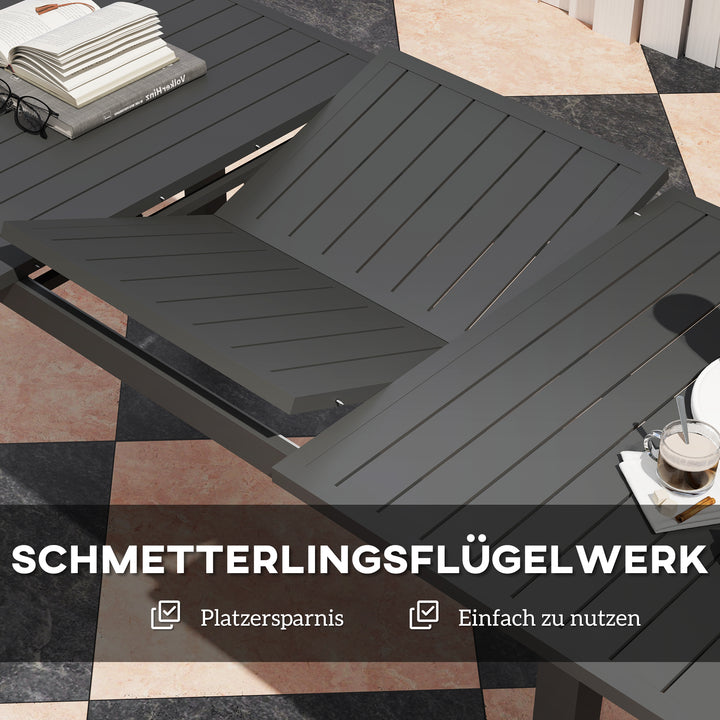 Udvidet havebord 160/220x90cm, aluminium spisebord til 6-8 personer, vejrbestandigt, lameldesign til haven, grå