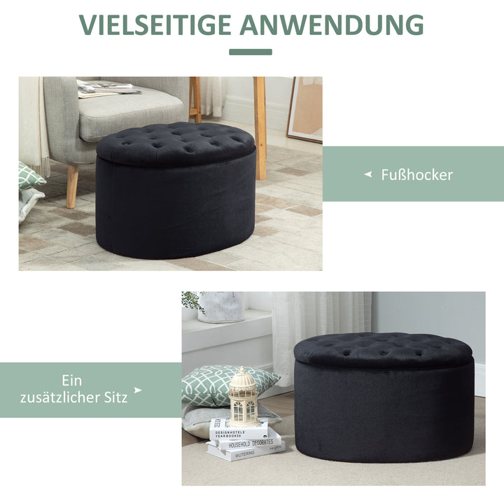 Bænk med opbevaringsplads, polstret bænk med fløjlslook, oval formet kommodebænk til stue, soveværelse, entre, 71 x 52 x 42 cm, sort