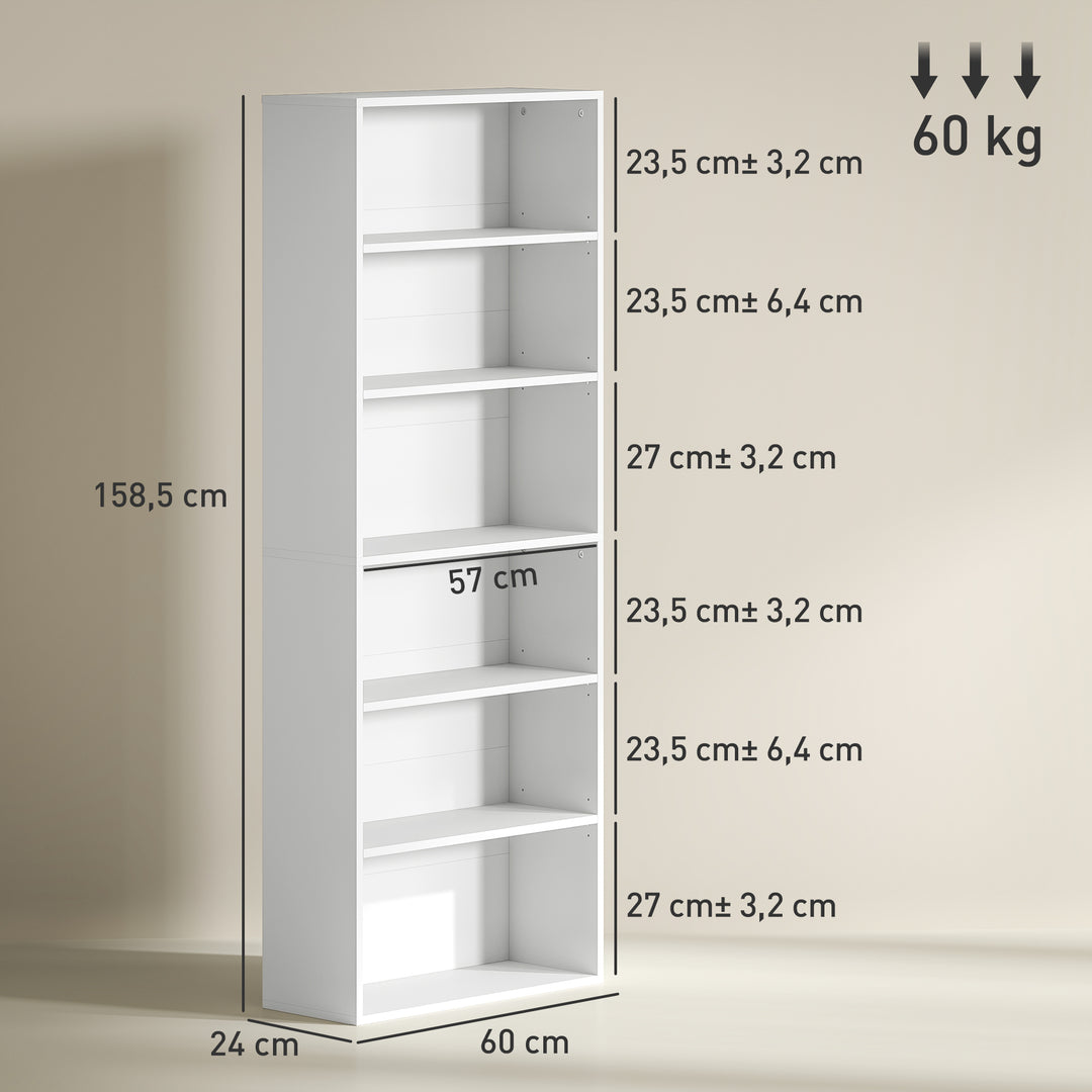Bogreol, 6 rum, justerbare hylder, spånplade, 60 x 24 x 158,5 cm, hvid