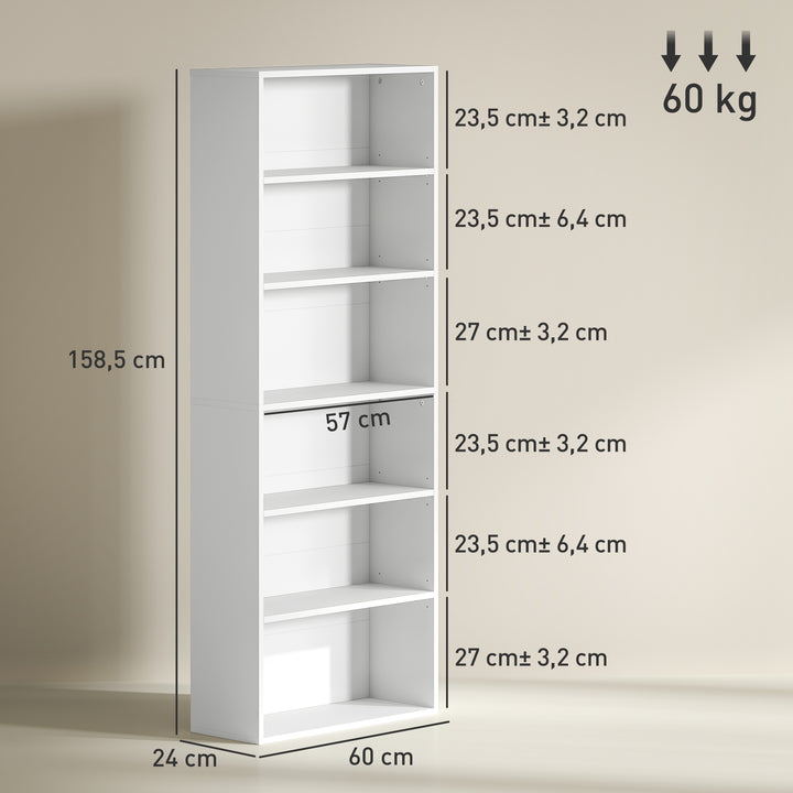 Bogreol, 6 rum, justerbare hylder, spånplade, 60 x 24 x 158,5 cm, hvid