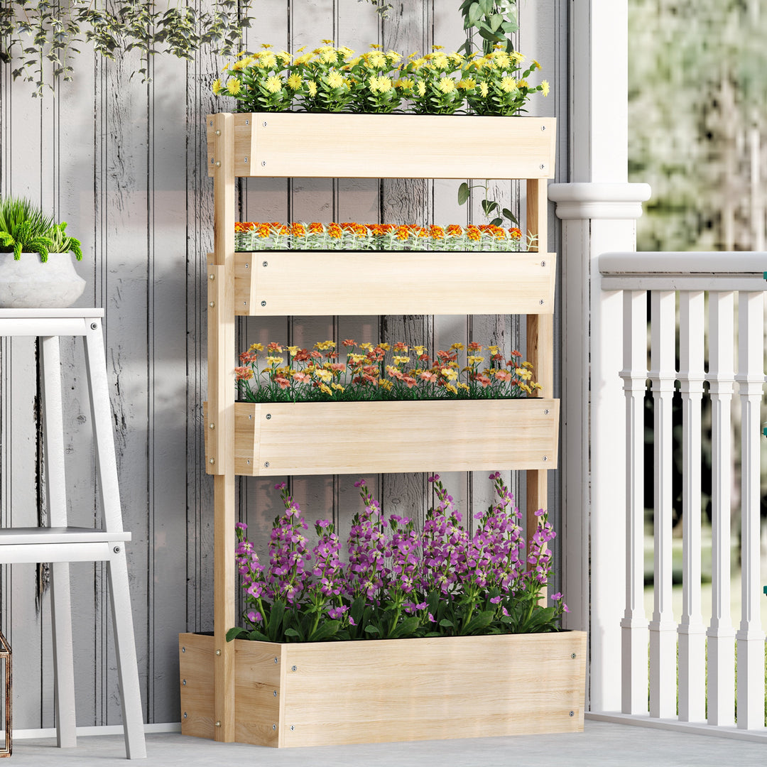 Udendørs højbed af træ, 4-niveau plantebed med drænhuller, kold ramme, havebed, 88,5 x 45 x 140 cm, naturtræ