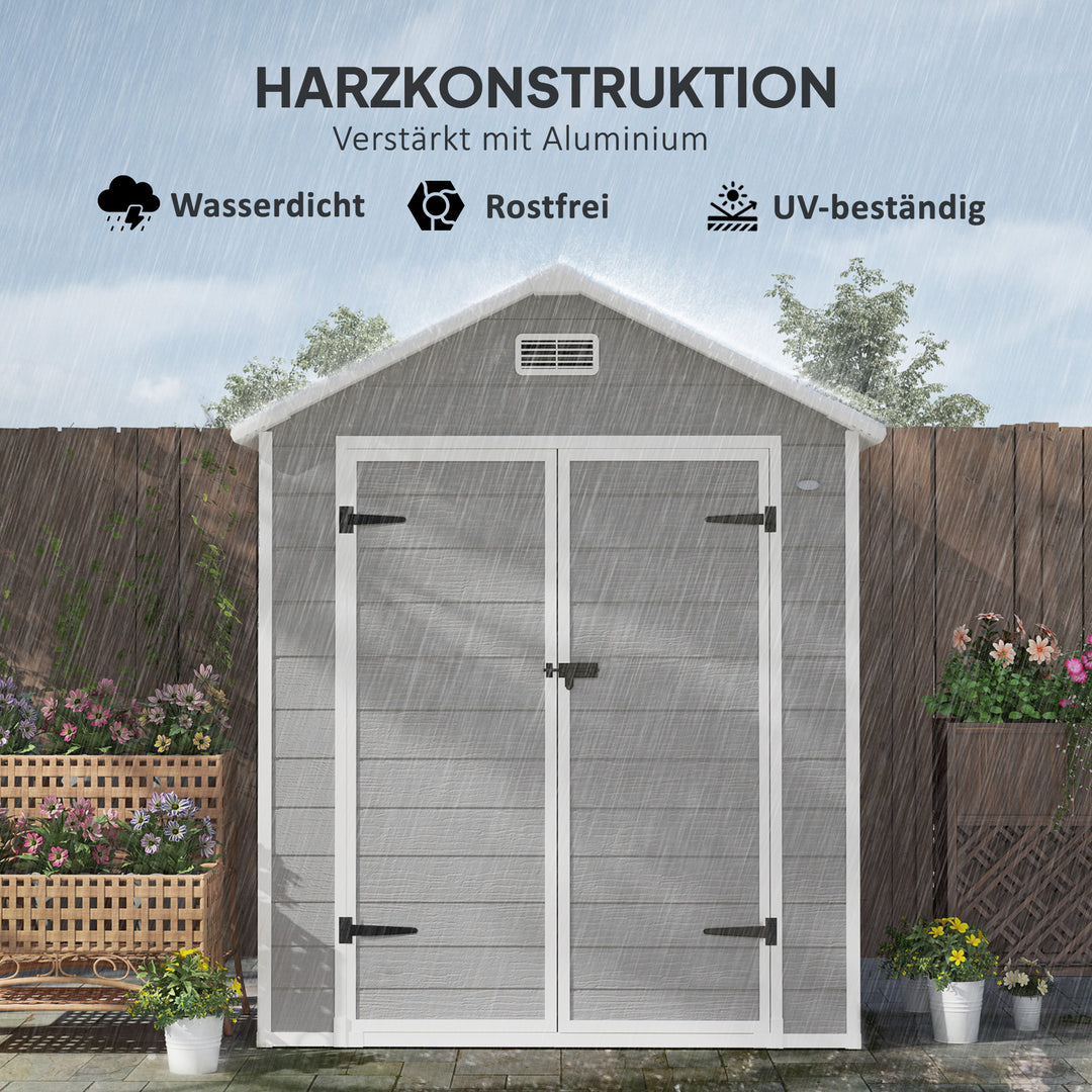 Haveskur, redskabsskur med gulv, aflåselige døre, ventilationsåbninger, vinduer, trælook, plastik, grå