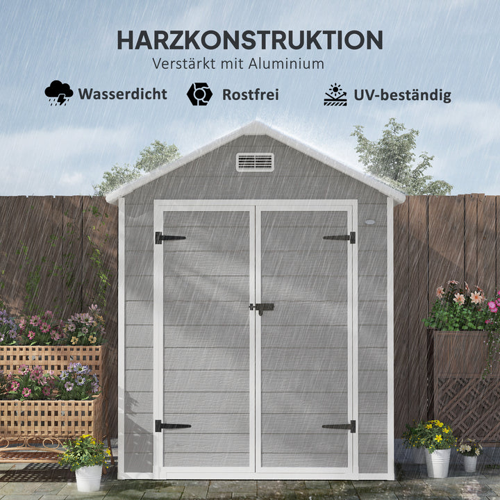 Haveskur, redskabsskur med gulv, aflåselige døre, ventilationsåbninger, vinduer, trælook, plastik, grå