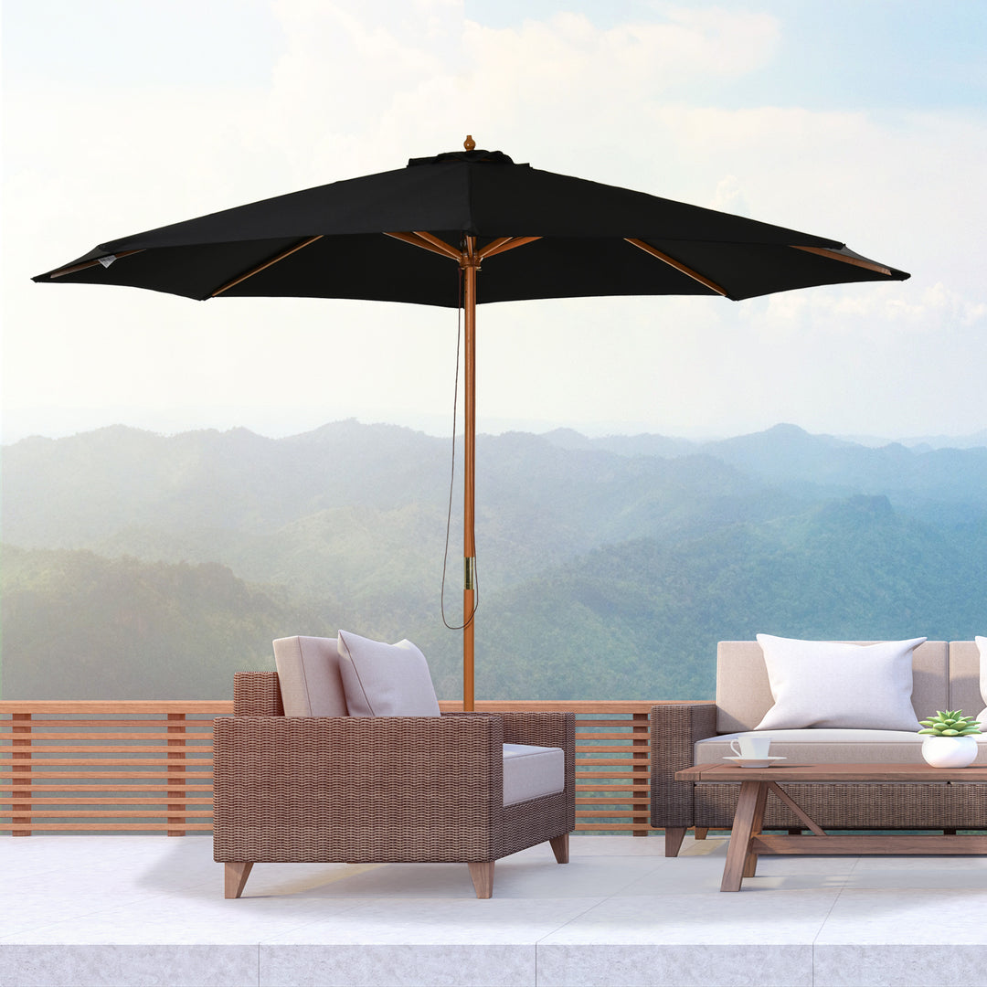 Parasol Ø 300 cm, parasol med UV-beskyttelse, træparasol til balkon, stabil strandparasol, markedsparasol, solbeskyttelse til strand, terrasse, have, sort