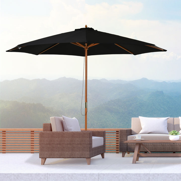 Parasol Ø 300 cm, parasol med UV-beskyttelse, træparasol til balkon, stabil strandparasol, markedsparasol, solbeskyttelse til strand, terrasse, have, sort