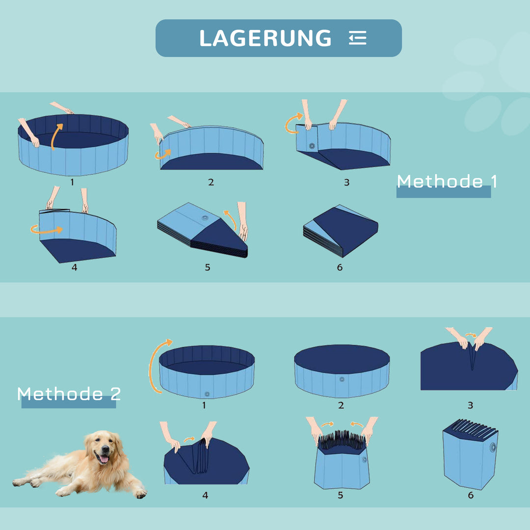 Sammenklappeligt hundebadekar, hundepool, swimmingpool, børnepool, badekar til hunde og katte, vandbassin af plastik og træ, Ø100 x H30 cm, blå