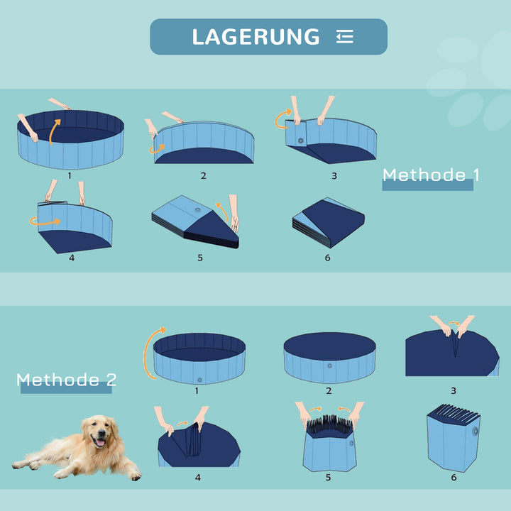 Sammenklappeligt hundebadekar, hundepool, swimmingpool, børnepool, badekar til hunde og katte, vandbassin af plastik og træ, Ø100 x H30 cm, blå