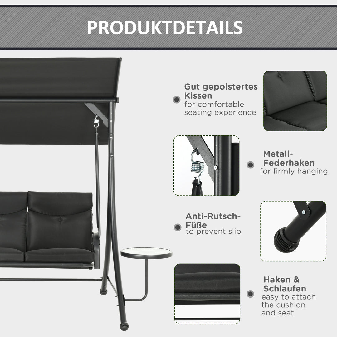 Hollywood gynge, gyngebænk, 3-personers havegynge med justerbar solskærm, 278 x 135 x 177 cm, sort