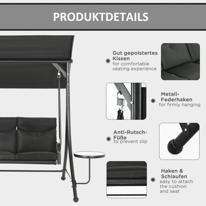 Hollywood gynge, gyngebænk, 3-personers havegynge med justerbar solskærm, 278 x 135 x 177 cm, sort