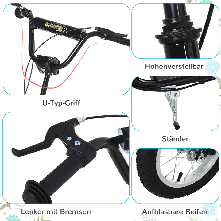 Børneløbehjul fra 5 år løbehjul børneløbehjul sparkløbehjul city scooter børneløbehjul kickboard med luftgummidæk 12 tommer gummi aluminium sort 120 x 58 x 85-95 cm
