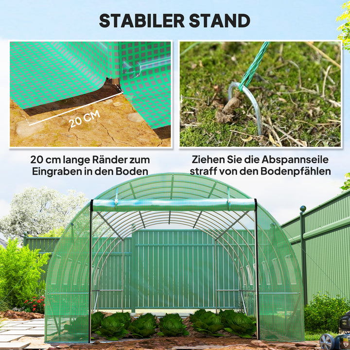 Polytunnel drivhus med plastikdæksel og stålramme, walk-in drivhustelt med rulledøre, grøn