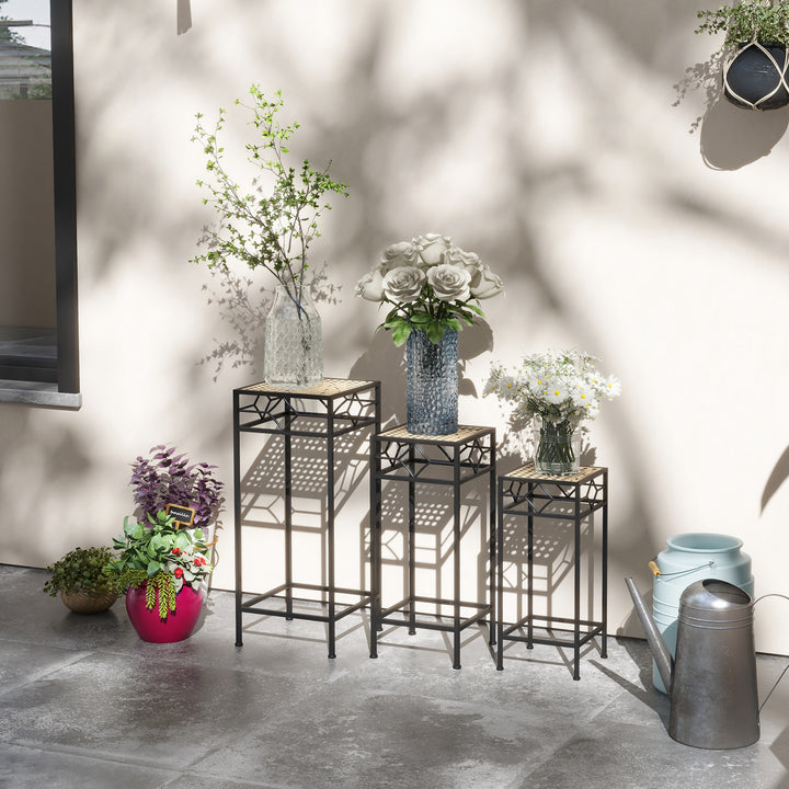 Blomsterstander, sæt med 3, rund, stabelbar, rattan-look, metalben, indendørs og udendørs brug, sort/guld