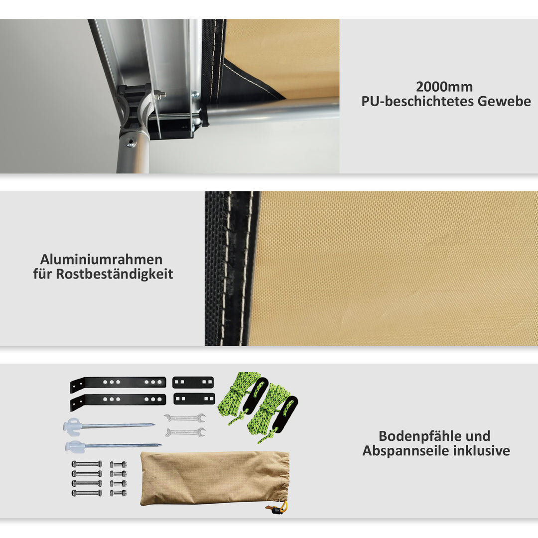 Biltelt, tagtelt, vejrbestandigt, 160 x 250 x 125-225 cm, khaki