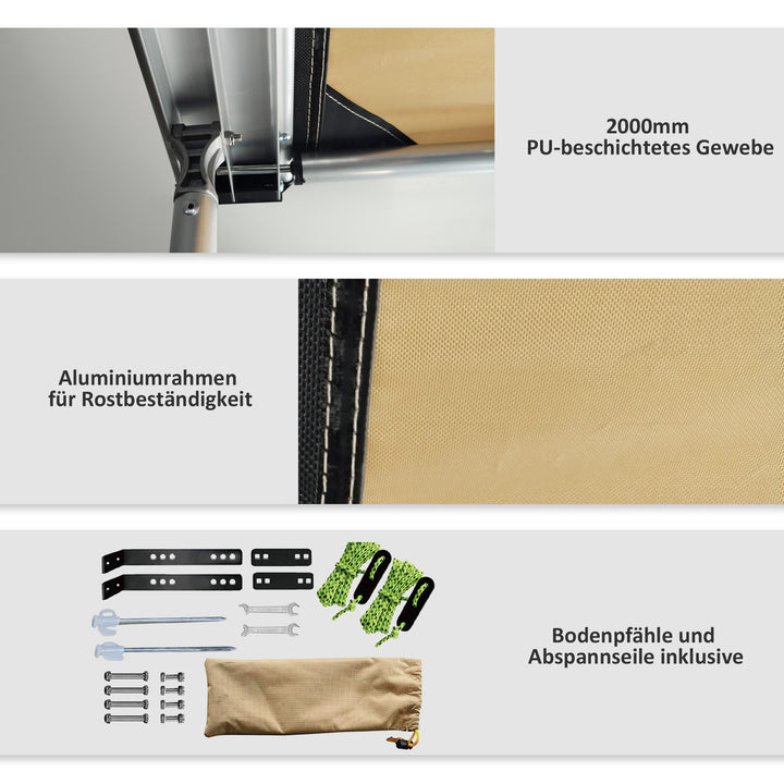 Biltelt, tagtelt, vejrbestandigt, 160 x 250 x 125-225 cm, khaki