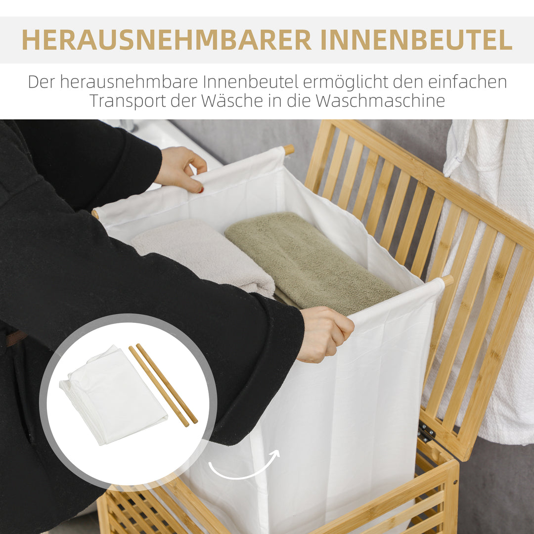 Bambus vasketøjskurv med aftagelig vasketøjspose, vandafvisende, naturfarvet + beige