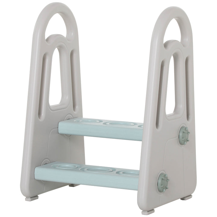 Learning tower trappeskammel stående med 2 trin pyramidestruktur sikkerhed badeværelse soveværelse køkken blå+grå til 2-5 år hdpe pp 43,5 x 38,5 x 61 cm
