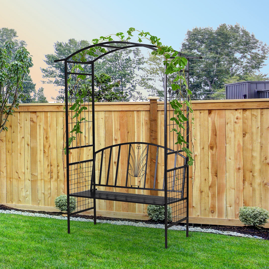Plantebue med bænk, siddebænk, buegang, espalier, klatrehjælp, have, buet tag, metal, sort, 154 x 60 x 205 cm