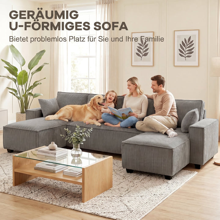 Hjørnesofa med dobbelt chaiselong, U-formet sofa i corduroystof med bredt og dybt sæde, hynder med fjederkerne, lysegrå
