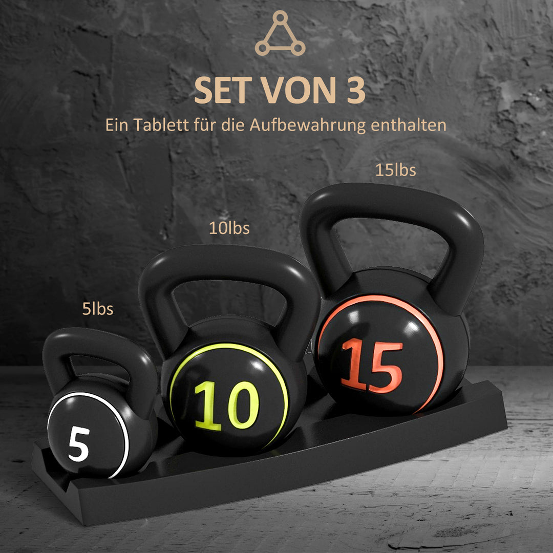 Kettlebell-sæt, 3 kettlebells 2,2 kg/4,5 kg/6,8 kg, plastikhus, sort