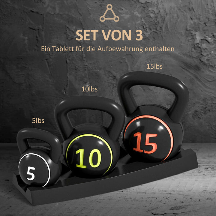 Kettlebell-sæt, 3 kettlebells 2,2 kg/4,5 kg/6,8 kg, plastikhus, sort