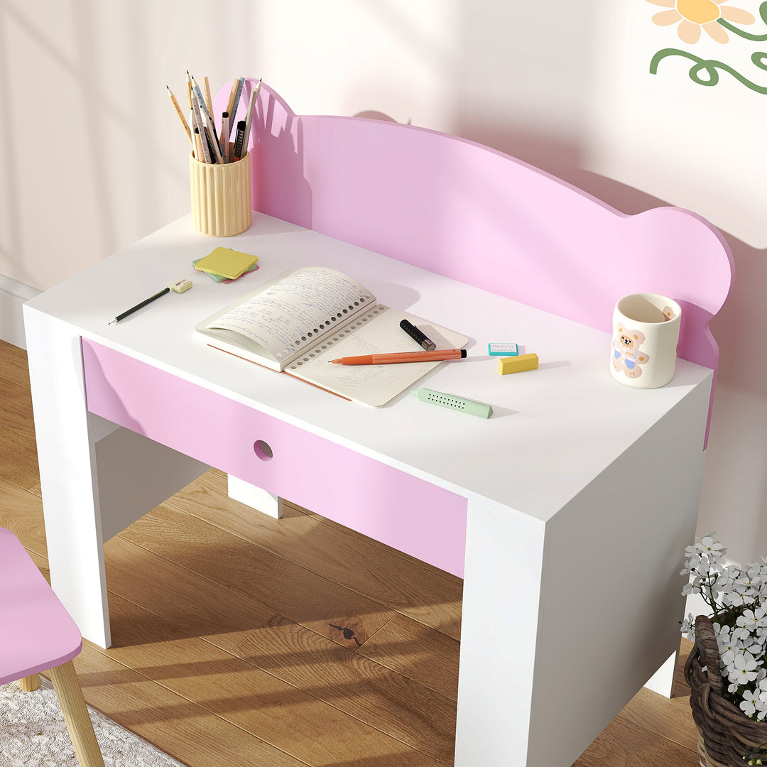 Børne skrivebordssæt, bjørneformet skrivebord og stol med skuffe, til skrivning og kreativitet, alder 3-8, pink