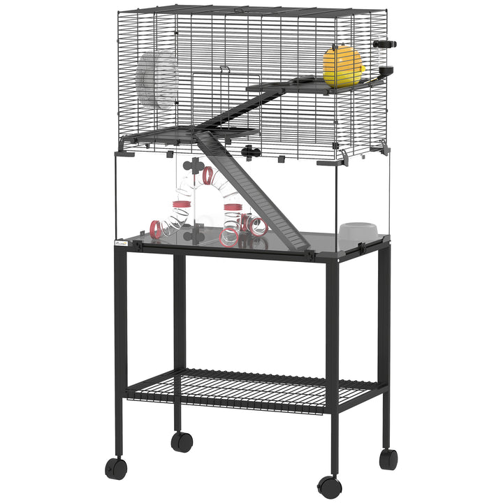 Hamsterbur, indhegning til små dyr med 3 niveauer, løbehjul, bur, platforme, ramper, madskål, vandflaske, tilbehør, stål, plastik, sort