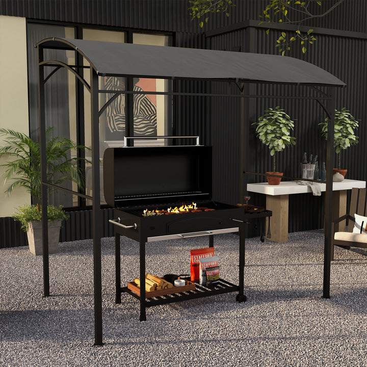 Grillpavillon, grillovertræk, regnslag, kroge til redskaber, stålramme, mørkegrå, 215 x 150 x 182/220 cm