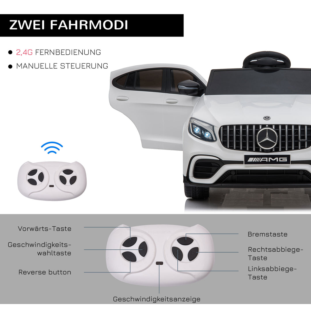 Børnebil 12v mercedes-benz amg glc63s coupe licenseret elbil med fjernbetjent sikkerhedssele 2 x 35w motorer mp337-60 måneder hvid 115 x 70 x 55 cm