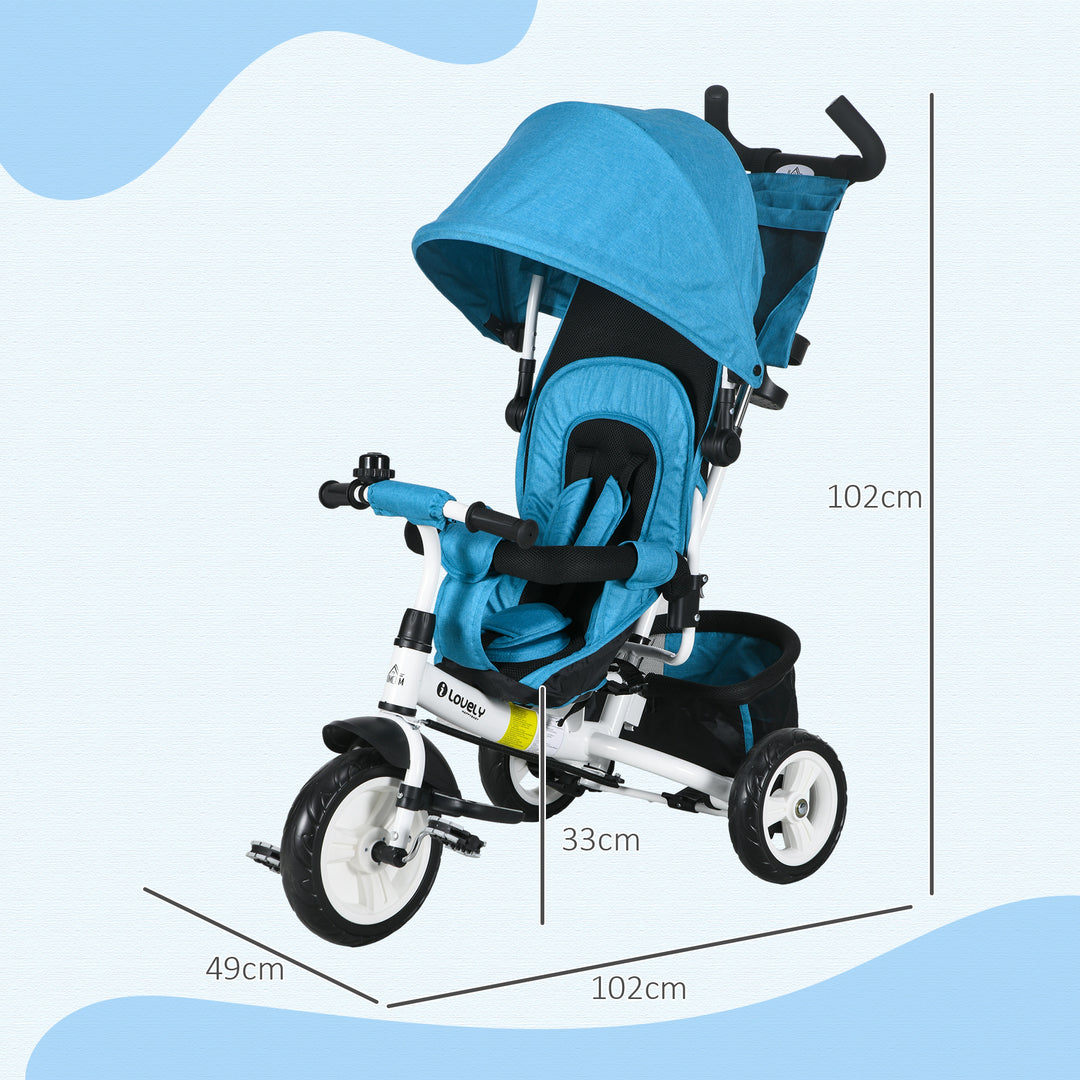 Børnetrecykel, børnecykel, bagkurv, kopholder, solskærm, metal, blå