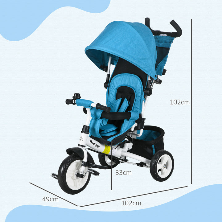 Børnetrecykel, børnecykel, bagkurv, kopholder, solskærm, metal, blå