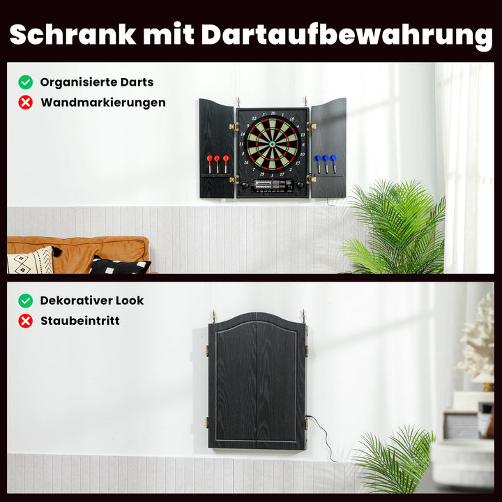 Elektronisk dartskive med døre, trælook, LED-display, stemmemeddelelser, 6 dartpile, 24 udskiftelige spidser