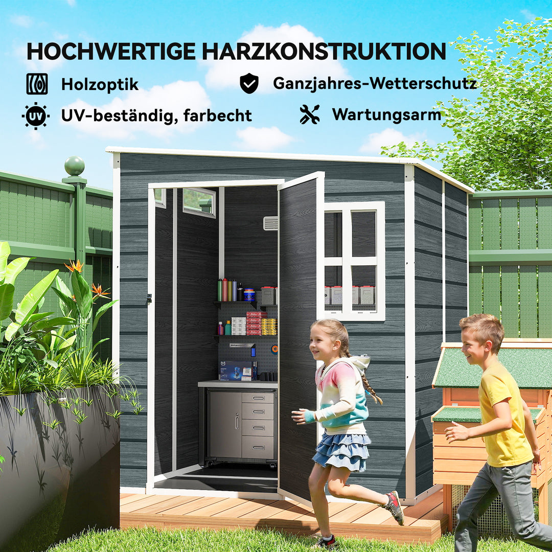 Haveskur 2,89 m², redskabsskur i trælook, 3 vinduer, ventilation, gulv, lås, handsker, 182 x 182 x 196 cm