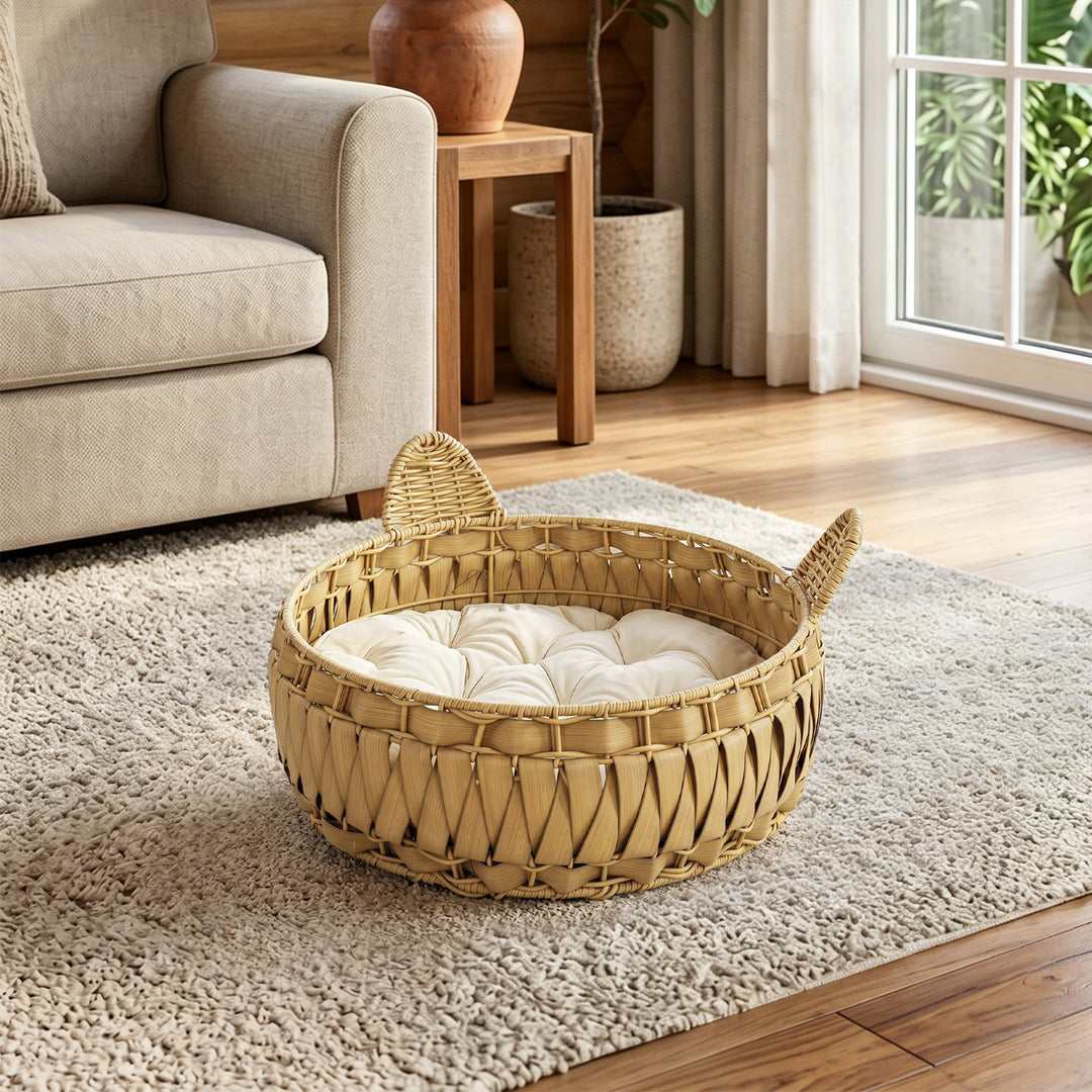Rattan katteseng, kattehule med aftagelig hynde, kattekurv til katte op til 10 kg, 50 x 50 x 25 cm, lysebrun