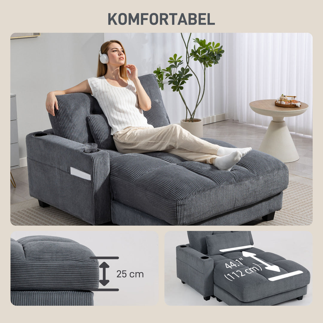 Sovesofa med hynder, skum, kan laves om til en seng, kopholder, grå