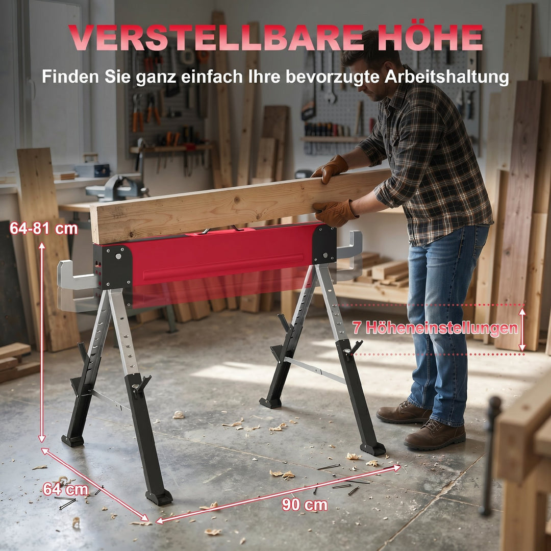 Sæt med 2 foldbare savbukke, lasteevne op til 1160 kg, 7-vejs højdejusterbar (64-81 cm), metal stilladsbukke med håndtag, rød
